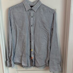 Men's Blue/Tan Windowpane UNTUCKit button down shirt, men’s LG
